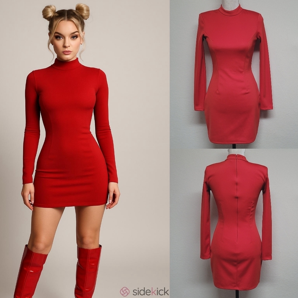 Nicki Minaj x H&M Fiery Red Scuba Fabric Mockneck Long Sleeve Bodycon Dress XS